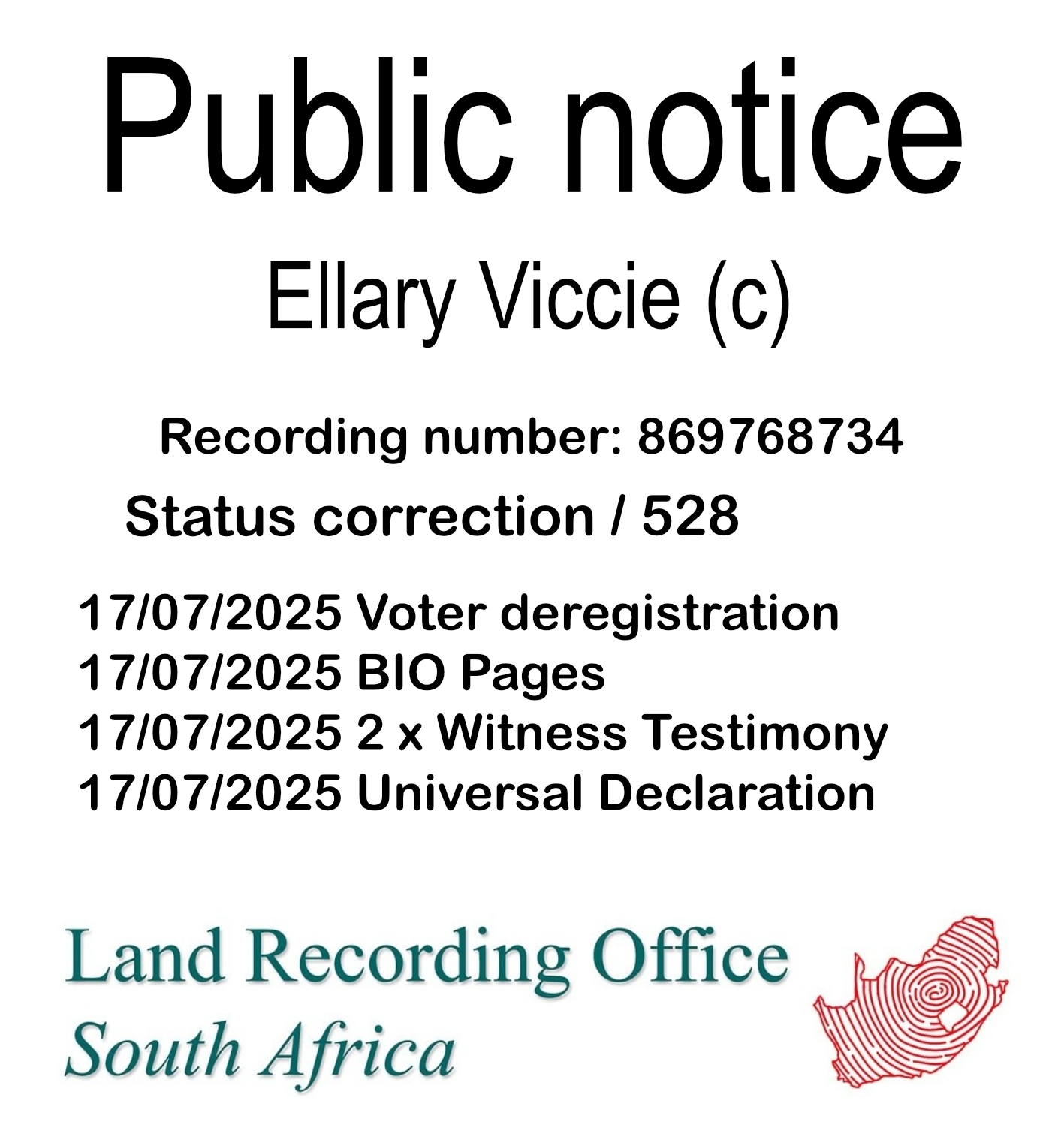 Public notice Ellary Viccie (c) Recording number 869768734